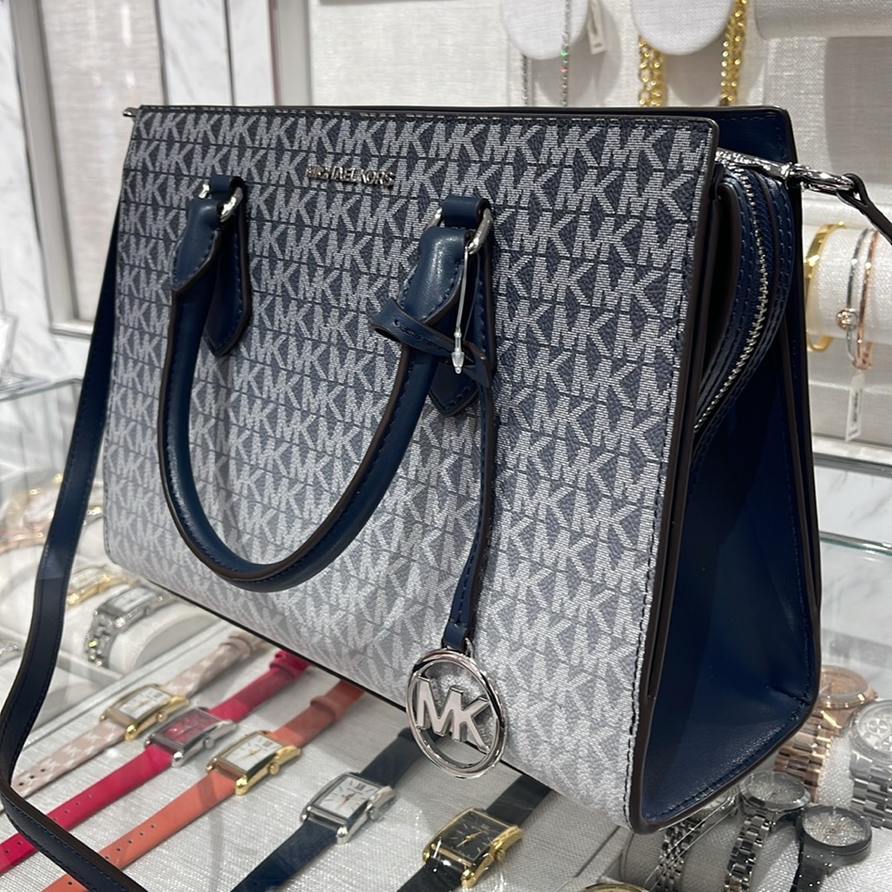 MICHAEL KORS Sheila Medium Ombré Signature Logo CZ Satchel Crossbody 
Navy 
NWT - Picture 2 of 16